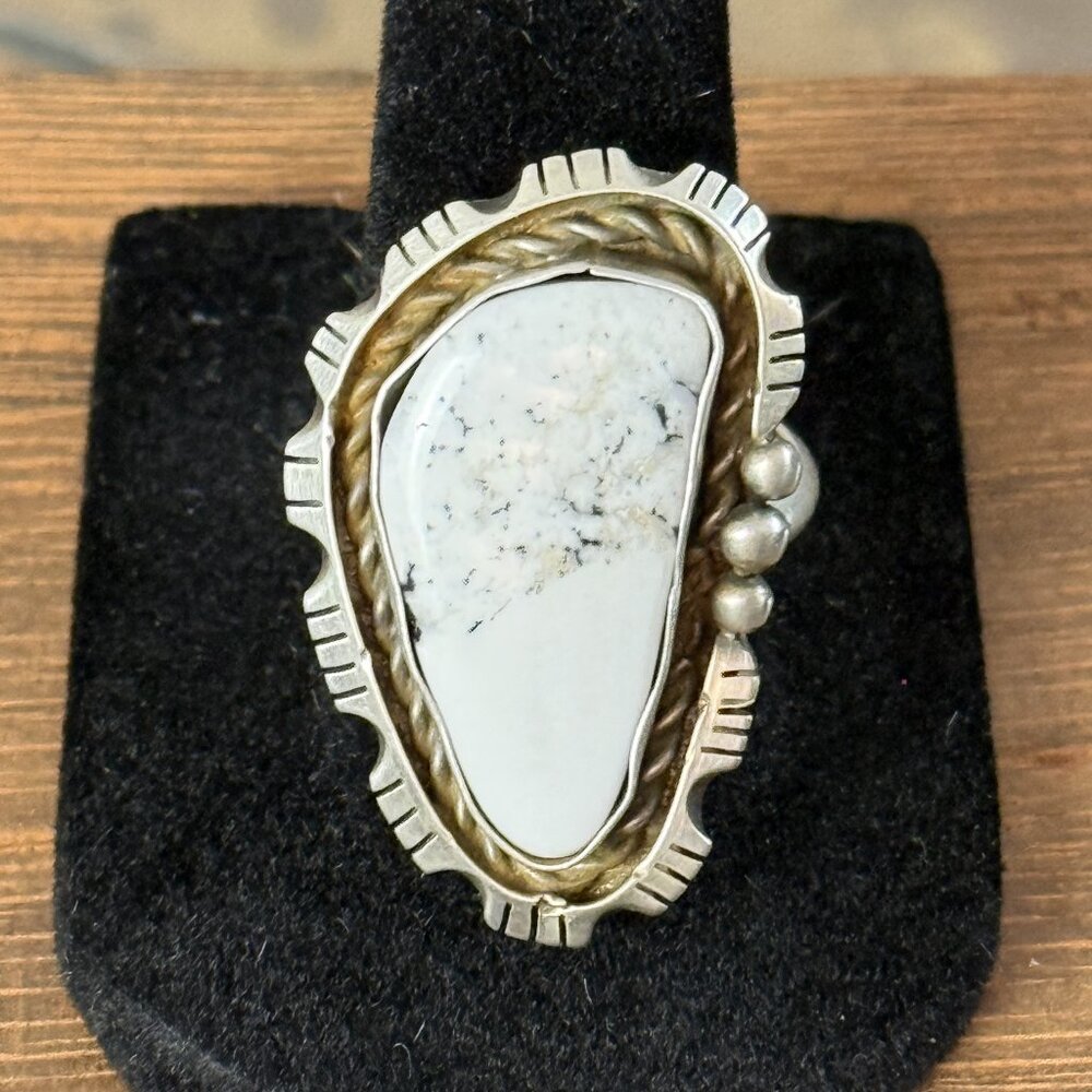 Navajo Sterling Silver and White Buffalo Turquoise Ring, Size 7.5